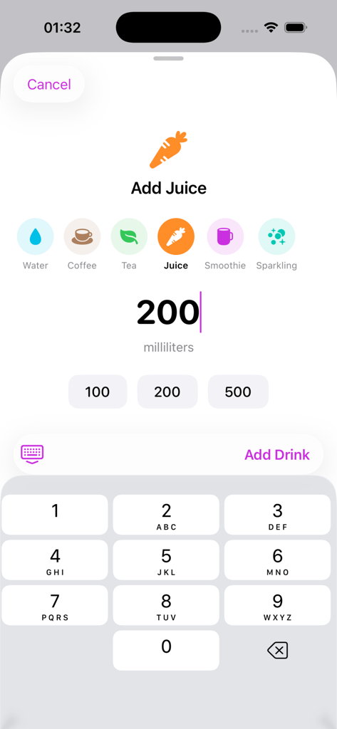 Drink Water Hydration Log App - Pantalla para agregar una entrada de bebida de zumo en la app de seguimiento de hidratación, que muestra una entrada de doscientos mililitros y un teclado numérico.