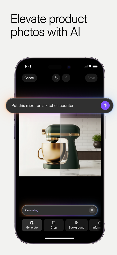 Un smartphone affichant l'application Shopify utilisant l'IA pour générer un arrière-plan de comptoir de cuisine pour une photo de produit d'un mixeur.