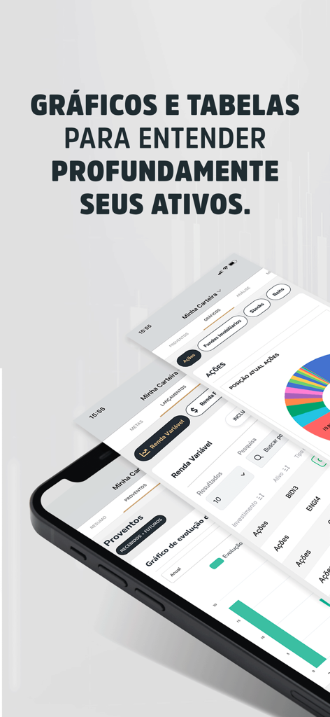 Investidor10 - Investidor10 app interface displaying detailed investment charts and portfolio analysis tables.
