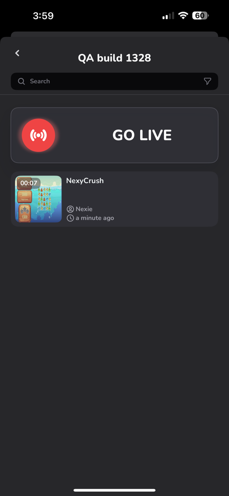 Live Aware: Mobile Streaming - Interface of the Live Aware app showing a GO LIVE button and a recent QA session recording for build 1328