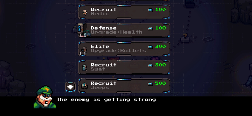 Snake Core - Snake Core unit recruitment and upgrade menu screen showing various soldier units and credit costs
