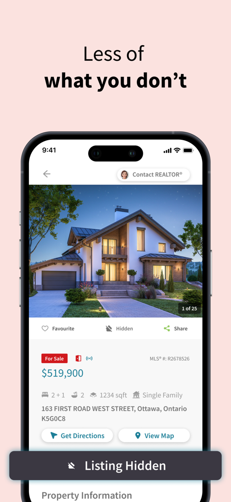 REALTOR.ca mobile app showing a house listing with a feature to hide unwanted properties
