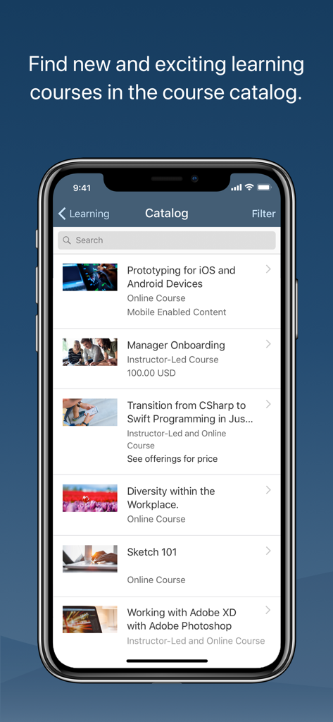SAP Validated Learning app interface showing a list of available professional training courses in the catalog.