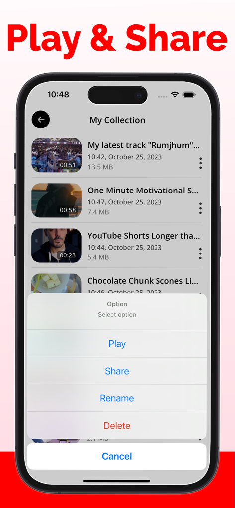 Video Saver : Video Downloader - Video Saverアプリのモバイルインターフェース。動画コレクションのリストが表示され、オプションメニューで動画の再生、共有、名前変更、削除ができます。