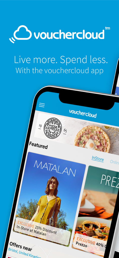 vouchercloud: vouchers offers - Interfaz de la app Vouchercloud en un smartphone mostrando ofertas de descuento para marcas como Matalan y Prezzo.