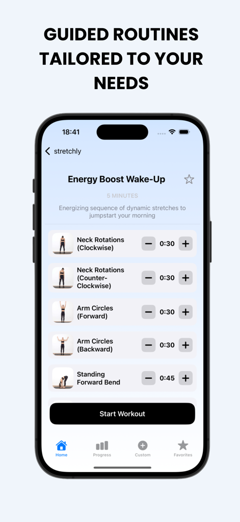 Stretchly - Stretch At Home - Exibição de smartphone de uma rotina de alongamento matinal de cinco minutos no aplicativo Stretchly