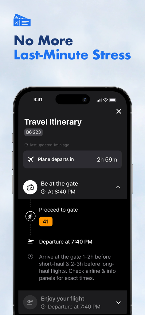Schermata dello smartphone che mostra un itinerario di volo dettagliato con un conto alla rovescia alla partenza e informazioni sulla posizione del gate.