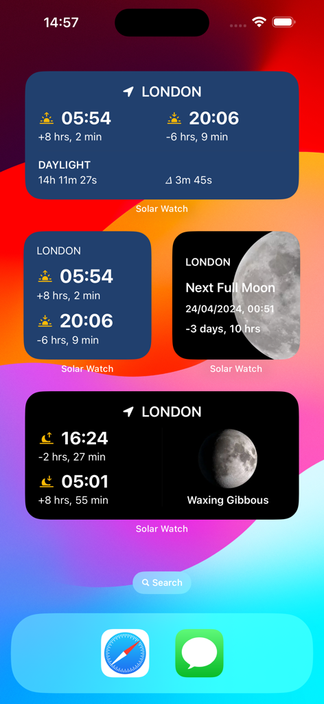 Solar Watch iPhone home screen widgets displaying solar and lunar path data