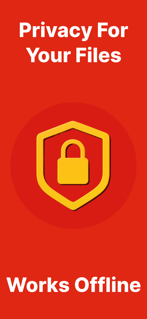 Photo to PDF converter scan. - Un icono de escudo amarillo con un candado sobre un fondo rojo con el texto Privacy For Your Files y Works Offline