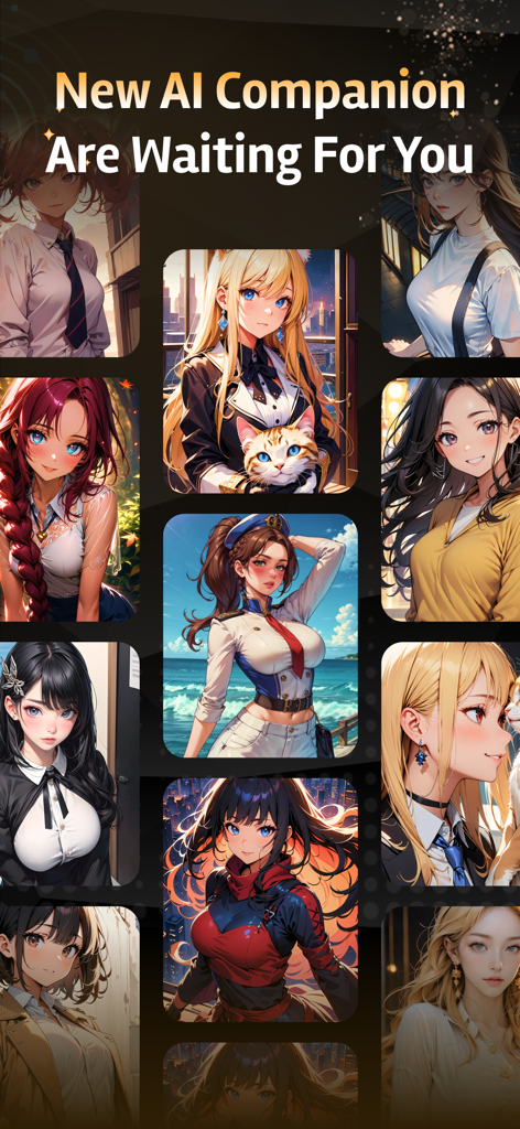 A gallery of diverse anime-style AI female characters and companions within the Lucky AI app interface