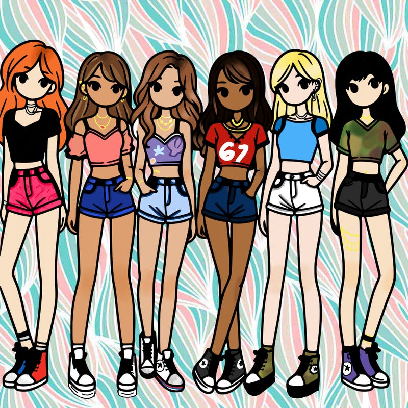 a group of girls wearing crop tops and shorts