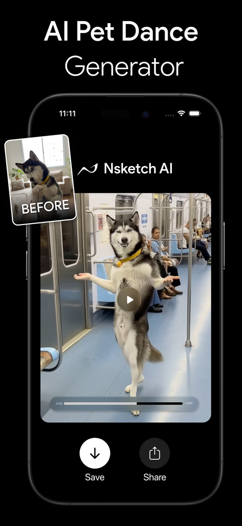 Pantalla de la aplicación Nsketch que muestra un perro husky bailando en el metro usando la función de baile de mascotas con IA.
