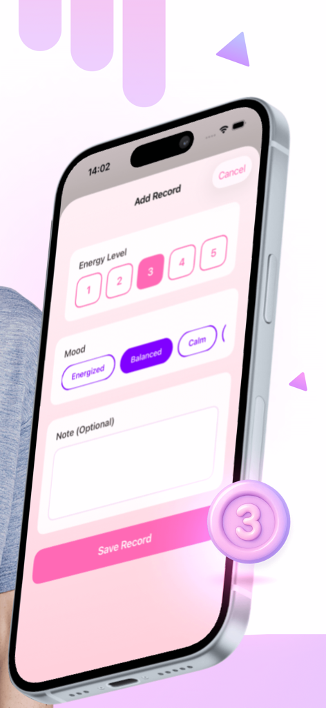 Interfaz de aplicación móvil para registrar los niveles de energía diarios y los estados de ánimo con una escala numérica y etiquetas descriptivas