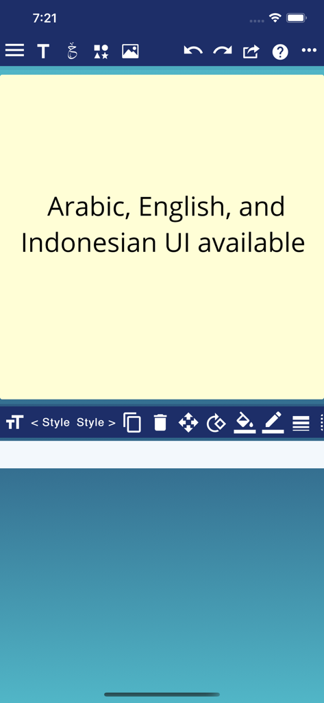انا محترف الخط - Screenshot of Ana Muhtarif Al Khat app showing design tools and text stating Arabic English and Indonesian UI availability