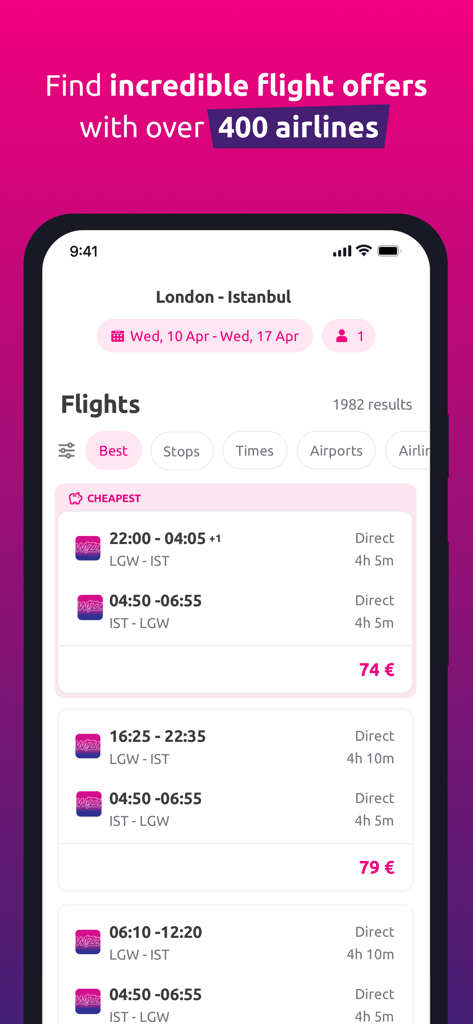 Pantalla de la app móvil mostrando resultados de búsqueda de vuelos de Londres a Estambul con precios a partir de 74 Euros.