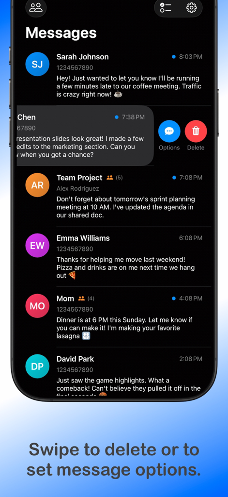 Widget for Messages - Interface of the Widget for Messages app showing a list of text conversations with a swipe gesture to access delete and option buttons