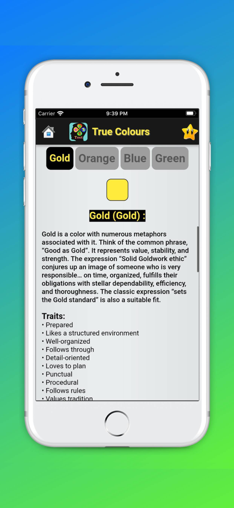 Descrição e traços do tipo de personalidade Dourado no aplicativo True Colours