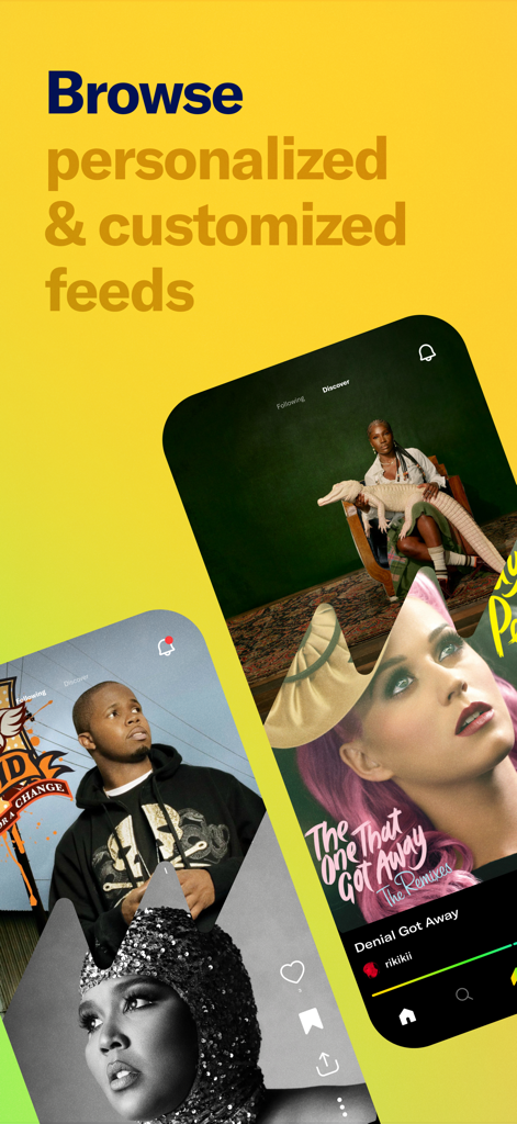 MashApp Music app screen showing personalized and customized discovery feeds for music mashups.