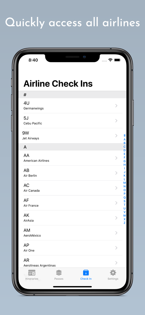 iPhone screen displaying an alphabetical list of airlines for mobile check-in within the Boarding Pass app