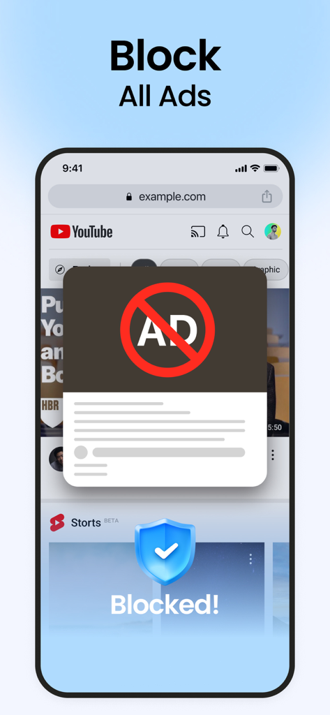 Interface de l'application Sécurité IA montrant un message de blocage de publicité sur une page de navigateur mobile.