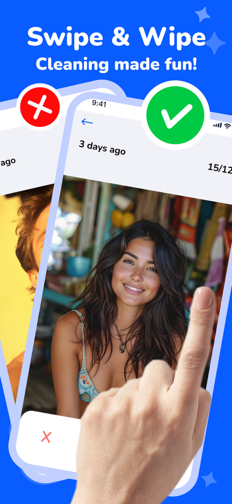 Interfaz de la aplicación Smart Cleaner que muestra la función de deslizar para eliminar o conservar fotos para una fácil gestión del almacenamiento del iPhone