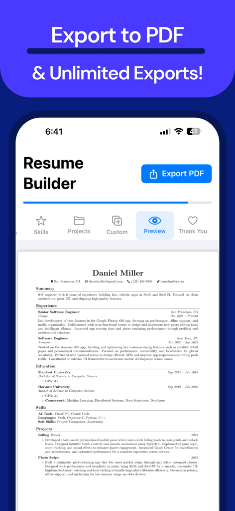 CV Maker - PDF + LaTeX - A mobile app interface showing a professional resume preview and a button to export it as a PDF