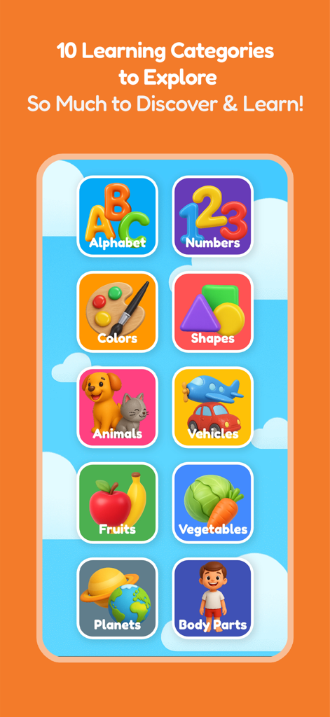 Little Learners Cards - Una cuadrícula que muestra diez categorías educativas para niños pequeños, incluyendo números del alfabeto y animales.