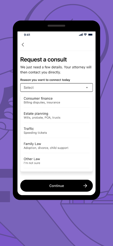 LegalShield mobile app interface for requesting a consultation with an attorney for legal services like estate planning and traffic tickets.