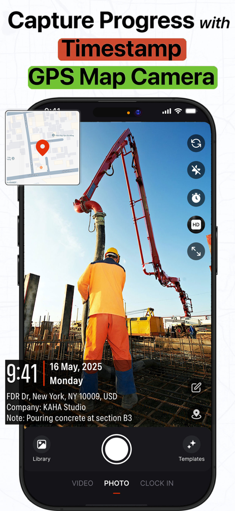 Timestamp: Time stamp Camera - Smartphone screen showing a construction site photo with date time and GPS location overlay