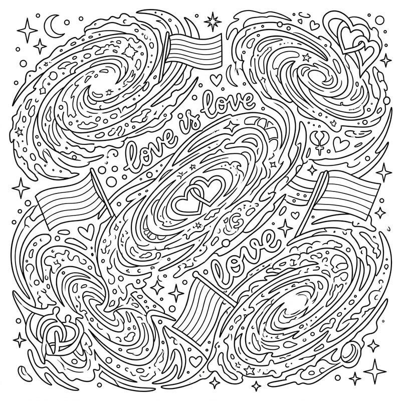 Journey through a universe of acceptance and joy with this captivating coloring page, blending the mesmerizing chaos of irregular galaxies with powerful Pride themes. It’s an inspiring artistic experience for anyone looking to celebrate love in all its forms.