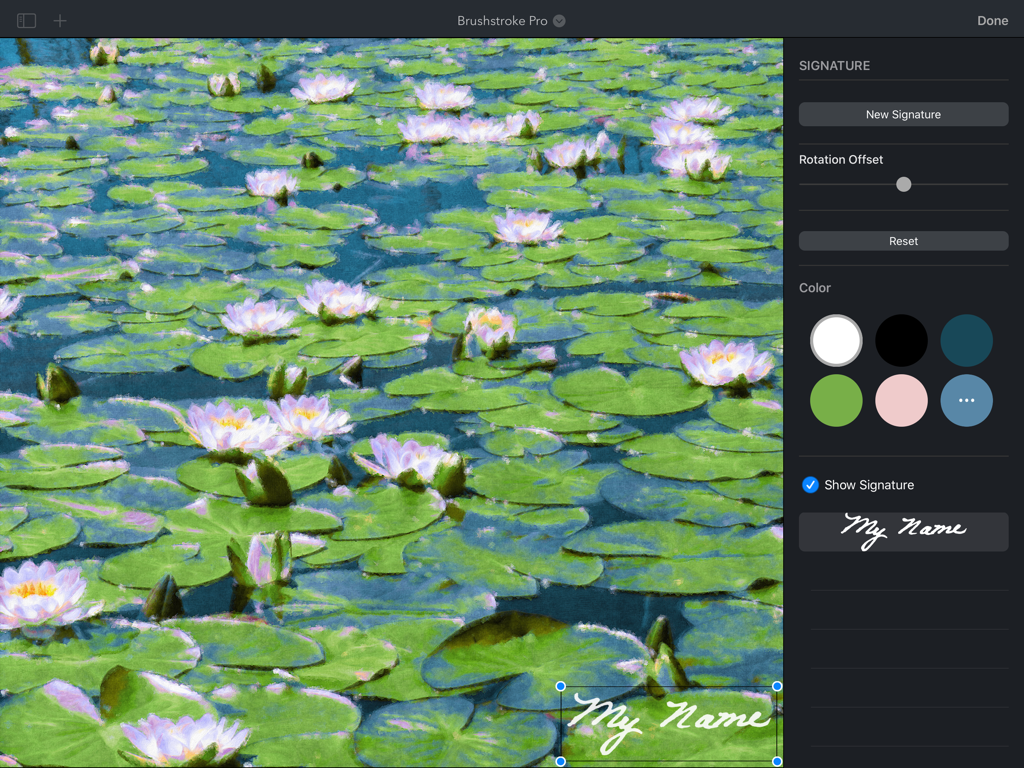 Brushstroke Pro for iPad - Adding a custom signature to a water lily digital painting in the Brushstroke Pro iPad app.