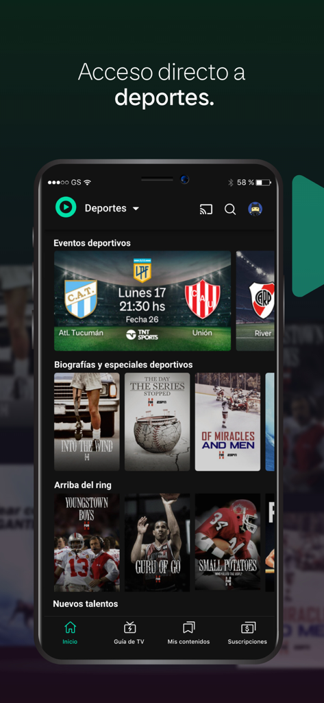 Flow - Interface de esportes do app Flow exibindo jogos de futebol ao vivo e especiais esportivos.