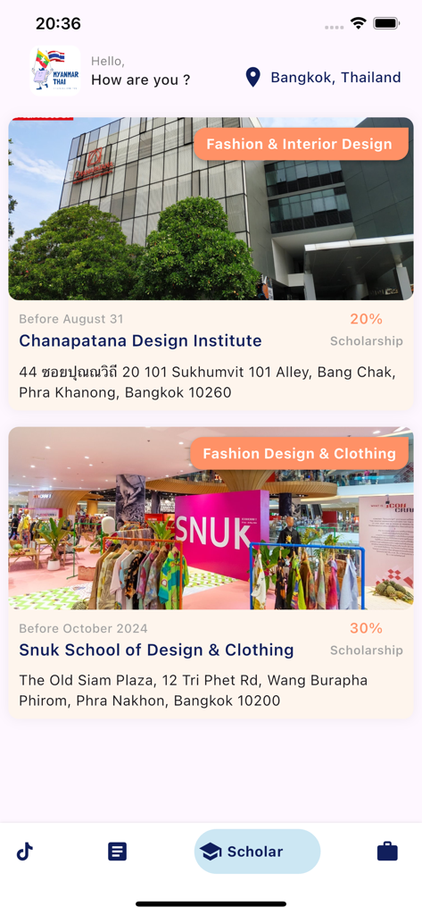 Myanmar to Thai learning app displaying design school scholarships in Bangkok