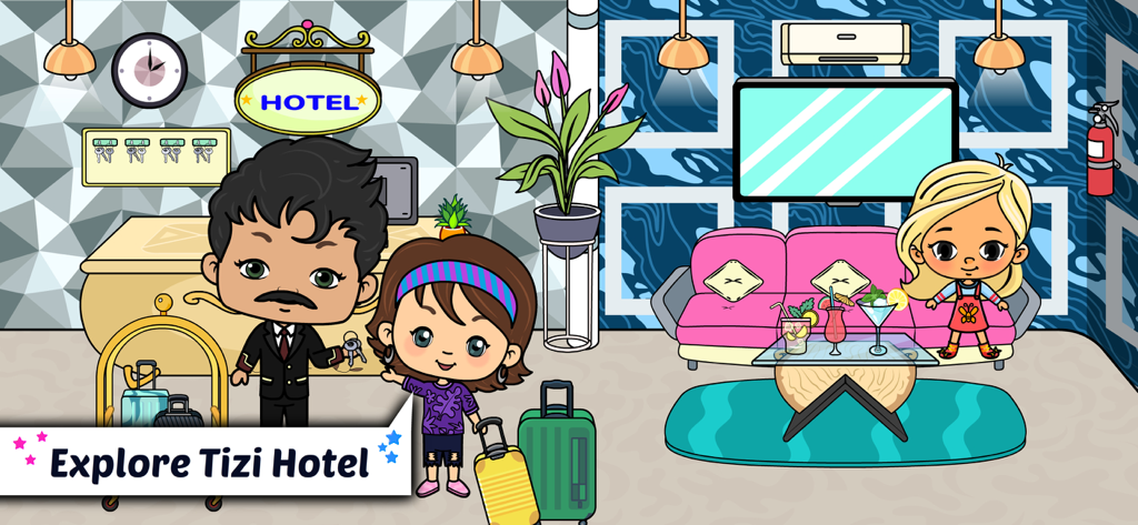 Charaktere an einer Hotelrezeption mit Koffern in Tizi Home Design My Hotel City