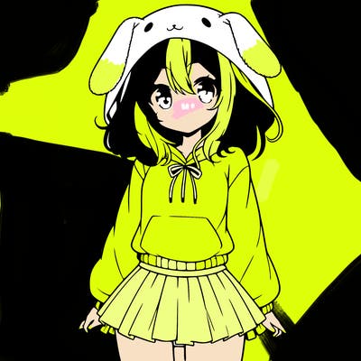 pretty anime girl wearing a fluffy hoodie with bunny ears on the hood and a skirt