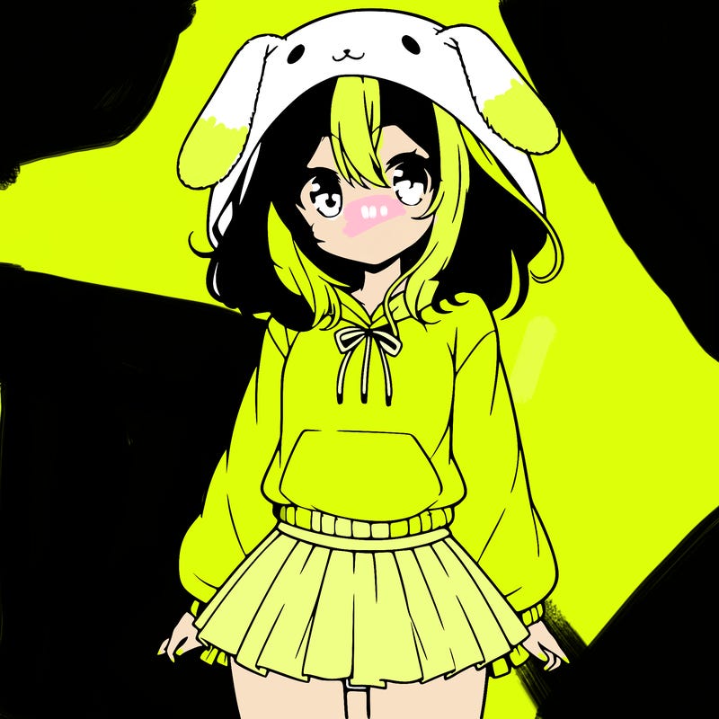 pretty anime girl wearing a fluffy hoodie with bunny ears on the hood and a skirt