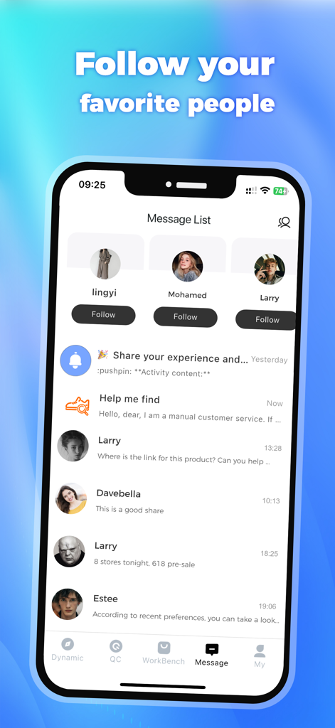 UUFinds - Mobile app interface showing a list of messages and user profiles to follow on UUFinds