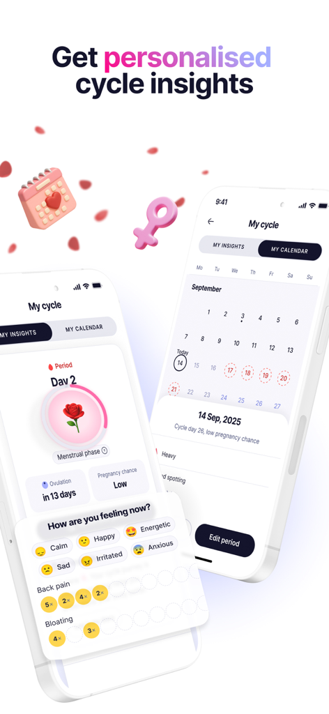 Uma interface móvel para o aplicativo Elfie mostrando um calendário do ciclo menstrual e registro de sintomas para humor e dor física.