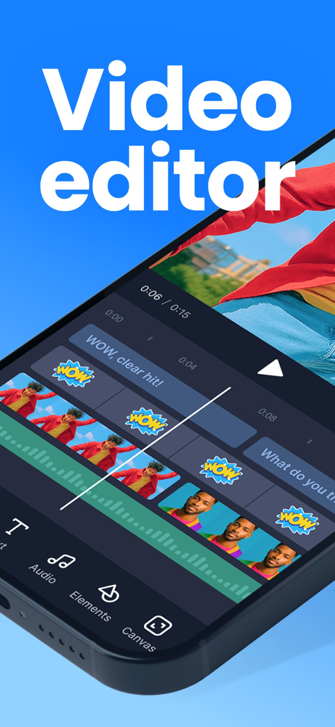 Interfaz móvil del editor de video Clideo mostrando una línea de tiempo multipista con clips de video, stickers y superposiciones de texto