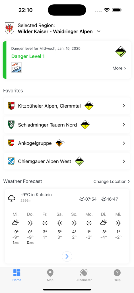 SnowSafe - Lawinen-App - SnowSafe app dashboard showing avalanche danger levels and mountain weather forecast.