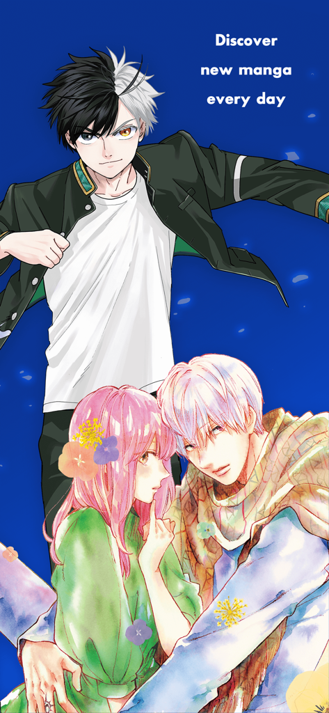 K MANGA app promotional artwork featuring shonen and shojo characters with a daily discovery slogan