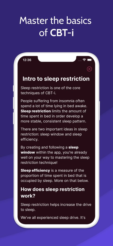 Bildschirm mit Bildungsinhalten aus der Restful App, der Techniken zur Schlafrestriktion für CBT-i vorstellt.
