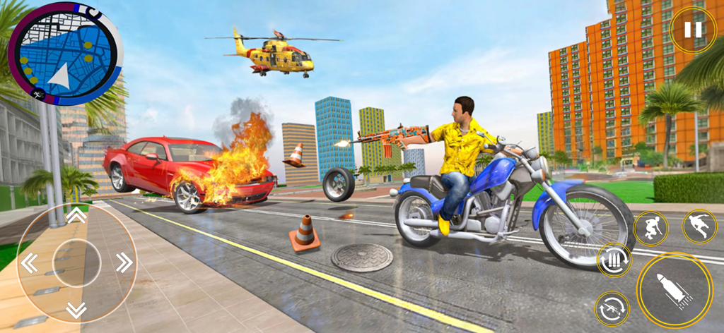 Vegas Gangster Crime Car Games - Character on a motorcycle shooting at an exploding car in a city environment