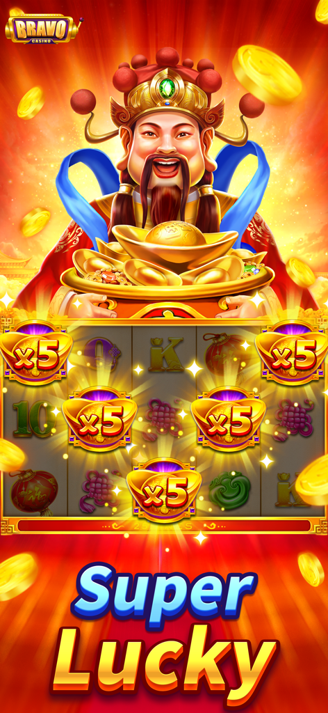 Bravo Casino-Slots Games - Schermata bonus Super Lucky nelle slot di Bravo Casino con moltiplicatori x5 e un personaggio dio della ricchezza.