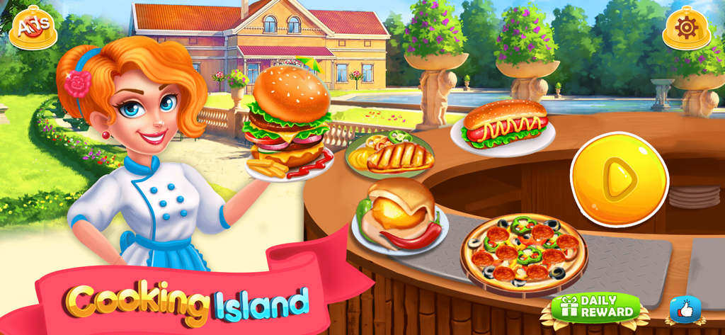 Cooking Island Restaurant Game - Main menu of Cooking Island showing a chef and international food dishes in front of a mansion