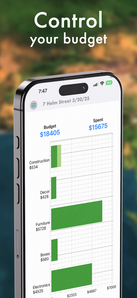 Pro Moving Planner - A screenshot of the Pro Moving Planner app showing a detailed moving budget with horizontal bar charts for expense categories like furniture and decor
