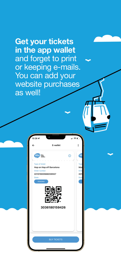 Hola Barcelona app e-wallet screen showing a digital bus ticket with a QR code