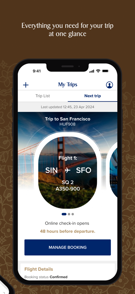 Singapore Airlines - サンフランシスコへの確認済みフライト詳細を含むシンガポール航空アプリの[マイフライト]セクションを示すモバイル画面