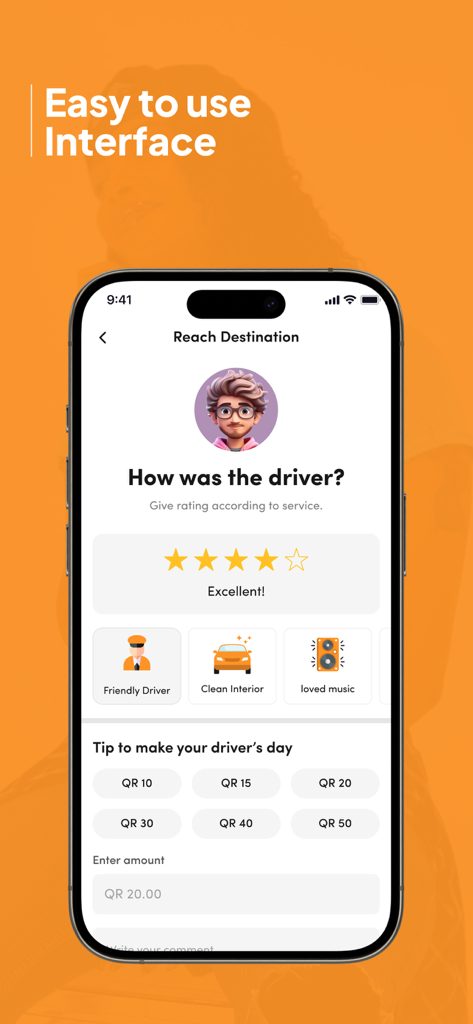 Ryde: Request affordable rides - Interfaz de la aplicación Ryde que muestra el sistema de calificación del conductor y las opciones de propina después de un viaje completado en Doha.
