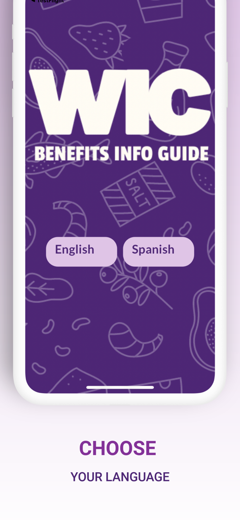 Pantalla de selección de idioma para la aplicación Guía de Información de Beneficios WIC con botones para inglés y español